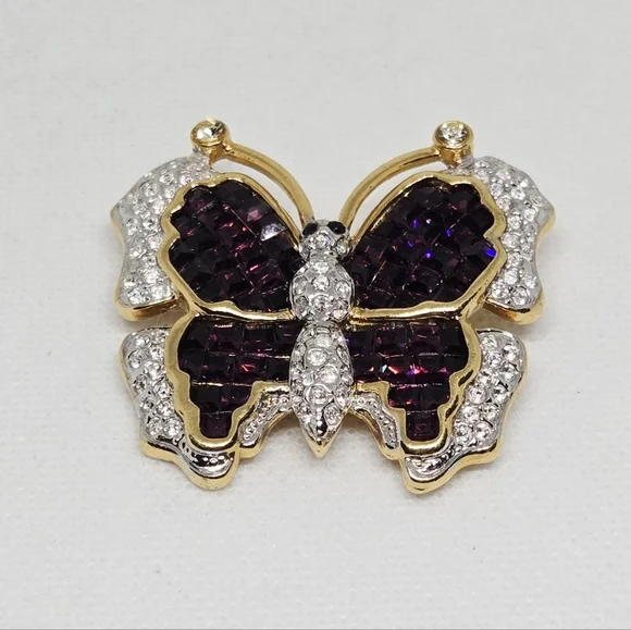 Purple Rhinestone Butterfly Brooch Gold Tone Crystal Statement Pin - Picture 7 of 10